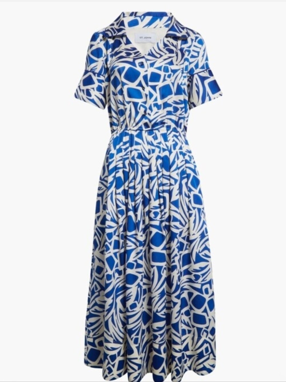 St. John Botanical Cutout Midi Shirt Dress Blue Ivory Geometric Size 2